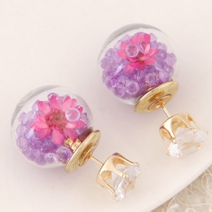 Flower and Gem Particles Inlaid Ball Shape Fashion Ear Studs - Purple