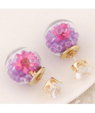 Flower and Gem Particles Inlaid Ball Shape Fashion Ear Studs - Purple
