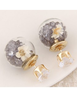 Flower and Gem Particles Inlaid Ball Shape Fashion Ear Studs - Gray