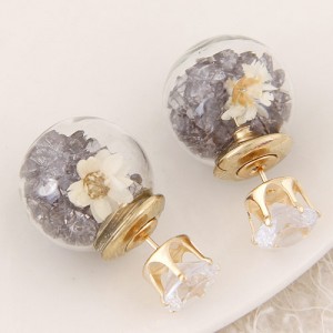 Flower and Gem Particles Inlaid Ball Shape Fashion Ear Studs - Gray