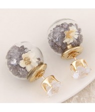 Flower and Gem Particles Inlaid Ball Shape Fashion Ear Studs - Gray