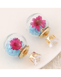 Flower and Gem Particles Inlaid Ball Shape Fashion Ear Studs - Sky Blue