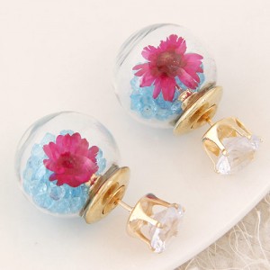 Flower and Gem Particles Inlaid Ball Shape Fashion Ear Studs - Sky Blue