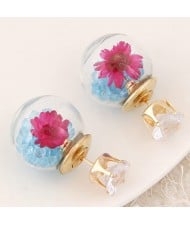 Flower and Gem Particles Inlaid Ball Shape Fashion Ear Studs - Sky Blue