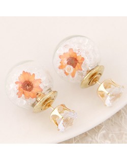 Flower and Gem Particles Inlaid Ball Shape Fashion Ear Studs - Transparent