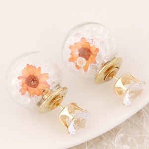 Flower and Gem Particles Inlaid Ball Shape Fashion Ear Studs - Transparent