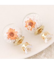 Flower and Gem Particles Inlaid Ball Shape Fashion Ear Studs - Transparent