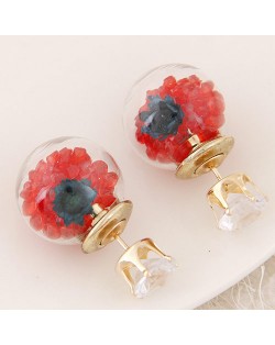 Flower and Gem Particles Inlaid Ball Shape Fashion Ear Studs - Red