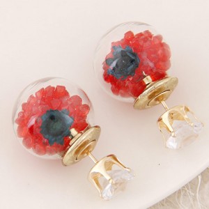 Flower and Gem Particles Inlaid Ball Shape Fashion Ear Studs - Red