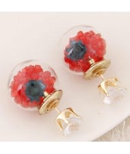 Flower and Gem Particles Inlaid Ball Shape Fashion Ear Studs - Red