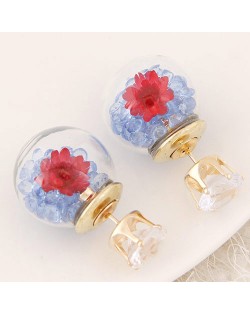 Flower and Gem Particles Inlaid Ball Shape Fashion Ear Studs - Light Blue