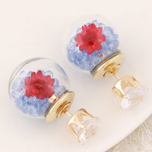 Flower and Gem Particles Inlaid Ball Shape Fashion Ear Studs - Light Blue