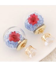 Flower and Gem Particles Inlaid Ball Shape Fashion Ear Studs - Light Blue