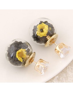 Flower and Gem Particles Inlaid Ball Shape Fashion Ear Studs - Black