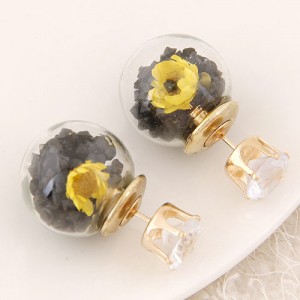 Flower and Gem Particles Inlaid Ball Shape Fashion Ear Studs - Black