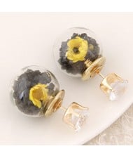 Flower and Gem Particles Inlaid Ball Shape Fashion Ear Studs - Black