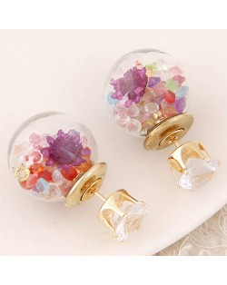 Flower and Gem Particles Inlaid Ball Shape Fashion Ear Studs - Multicolor