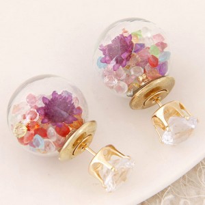 Flower and Gem Particles Inlaid Ball Shape Fashion Ear Studs - Multicolor