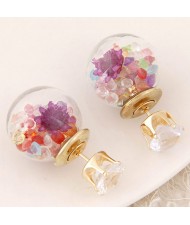 Flower and Gem Particles Inlaid Ball Shape Fashion Ear Studs - Multicolor