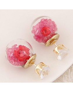 Flower and Gem Particles Inlaid Ball Shape Fashion Ear Studs - Rose