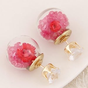 Flower and Gem Particles Inlaid Ball Shape Fashion Ear Studs - Rose