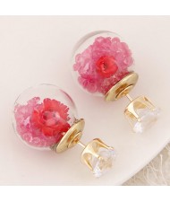 Flower and Gem Particles Inlaid Ball Shape Fashion Ear Studs - Rose