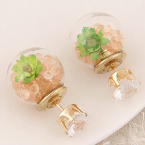 Flower and Gem Particles Inlaid Ball Shape Fashion Ear Studs - Champagne