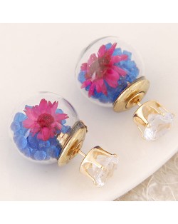 Flower and Gem Particles Inlaid Ball Shape Fashion Ear Studs - Blue