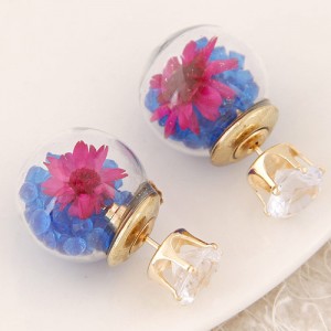 Flower and Gem Particles Inlaid Ball Shape Fashion Ear Studs - Blue