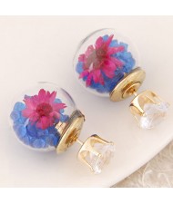 Flower and Gem Particles Inlaid Ball Shape Fashion Ear Studs - Blue