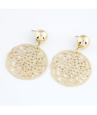Graceful Hollow Rose Round Pendant Fashion Earrings - Golden