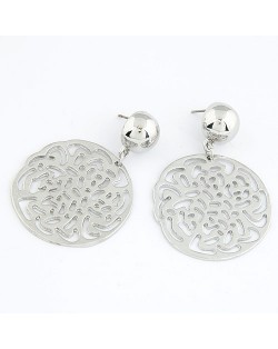 Graceful Hollow Rose Round Pendant Fashion Earrings - Silver