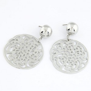 Graceful Hollow Rose Round Pendant Fashion Earrings - Silver
