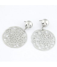 Graceful Hollow Rose Round Pendant Fashion Earrings - Silver