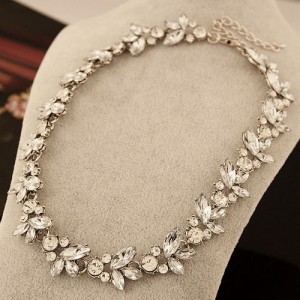 Vintage Silver Luxury Bright Rhinestones Flowers Short Necklace