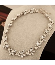 Vintage Silver Luxury Bright Rhinestones Flowers Short Necklace