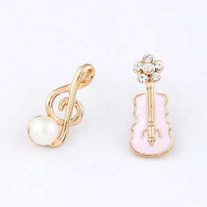 Korean Fashion Asymmetric Musical Note and Violin Fashion Ear Studs - Pink