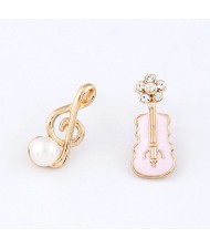 Korean Fashion Asymmetric Musical Note and Violin Fashion Ear Studs - Pink