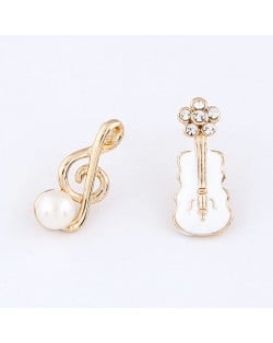Korean Fashion Asymmetric Musical Note and Violin Fashion Ear Studs - White