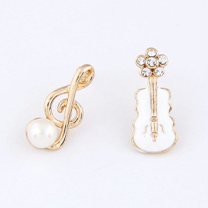Korean Fashion Asymmetric Musical Note and Violin Fashion Ear Studs - White