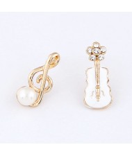 Korean Fashion Asymmetric Musical Note and Violin Fashion Ear Studs - White