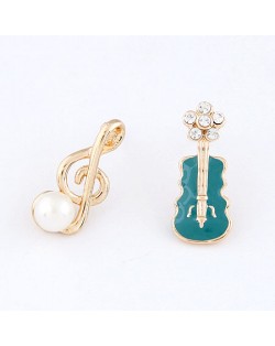 Korean Fashion Asymmetric Musical Note and Violin Fashion Ear Studs - Teal