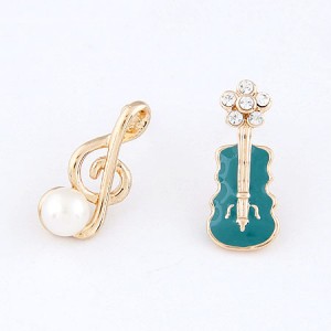 Korean Fashion Asymmetric Musical Note and Violin Fashion Ear Studs - Teal