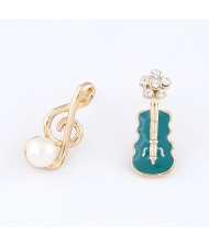Korean Fashion Asymmetric Musical Note and Violin Fashion Ear Studs - Teal