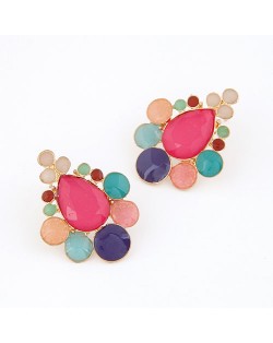Assorted Colorful Gems Combined Waterdrop Shape Fashion Ear Studs - Pink