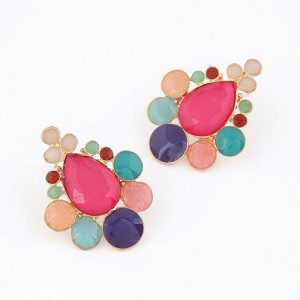 Assorted Colorful Gems Combined Waterdrop Shape Fashion Ear Studs - Pink