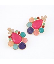 Assorted Colorful Gems Combined Waterdrop Shape Fashion Ear Studs - Pink