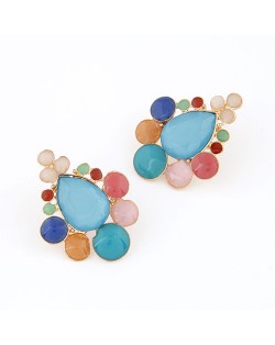 Assorted Colorful Gems Combined Waterdrop Shape Fashion Ear Studs - Blue