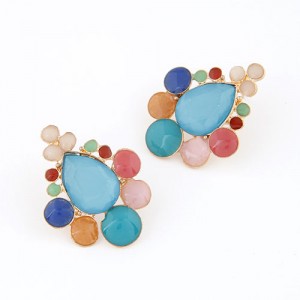 Assorted Colorful Gems Combined Waterdrop Shape Fashion Ear Studs - Blue