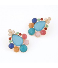 Assorted Colorful Gems Combined Waterdrop Shape Fashion Ear Studs - Blue